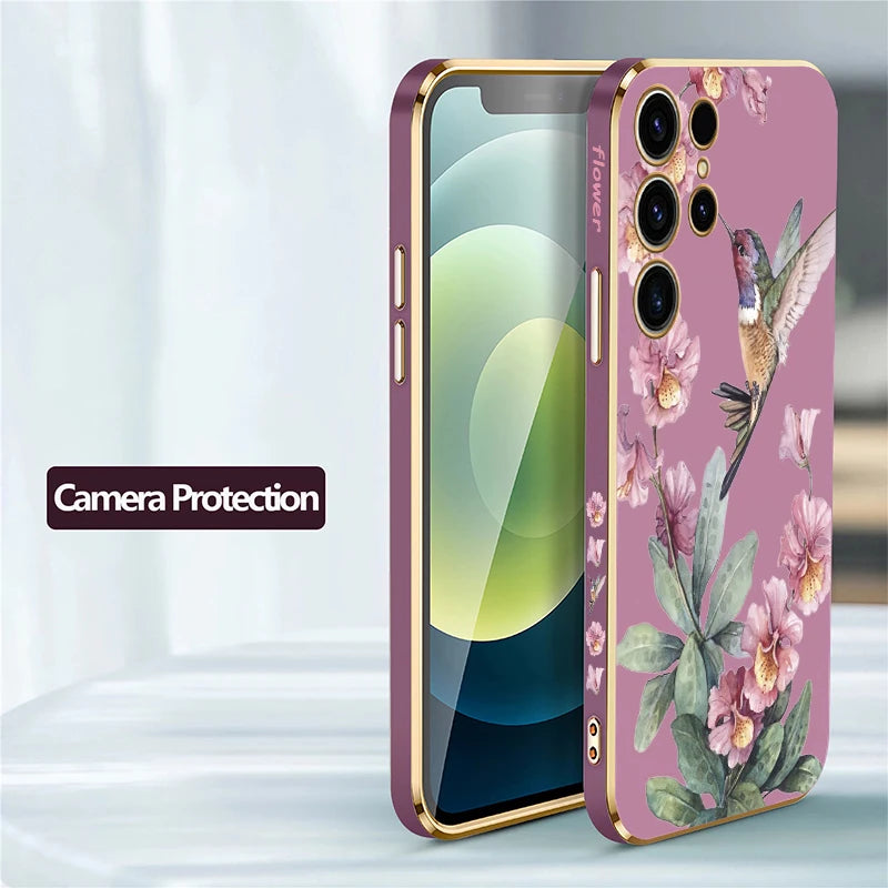 Phone Case For Samsung Galaxy S24 S21 FE S 25 Ultra S25 Plus 5G S23 FE S 24 S22 Plus Flower Bird Plating Protective Cover