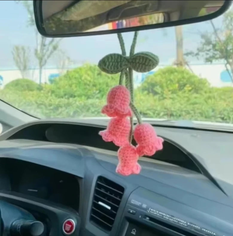 Lily Handmade Crochet Car Pendant Decoration Bluebell Flower Rearview Mirror of The Car Hanging Keychain Accessories Woman Gift