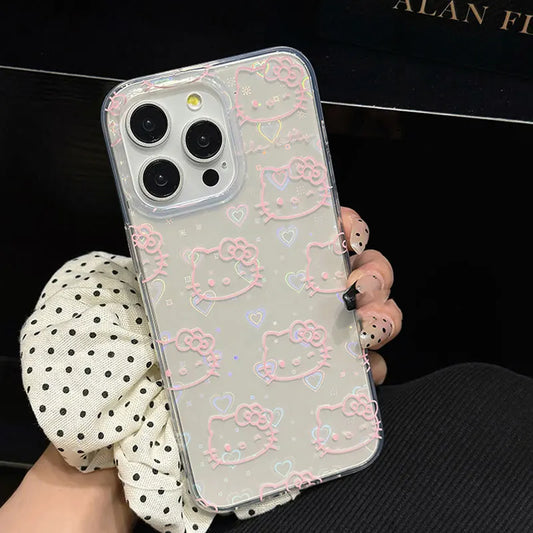 Lovely Hello Kitty Bow Kawaii Holder Phone Case For iPhone 16 15 14 12 13 11 Pro Max XR XS MAX 7 8 PLUS MINI Y2K Bow Laser Cover