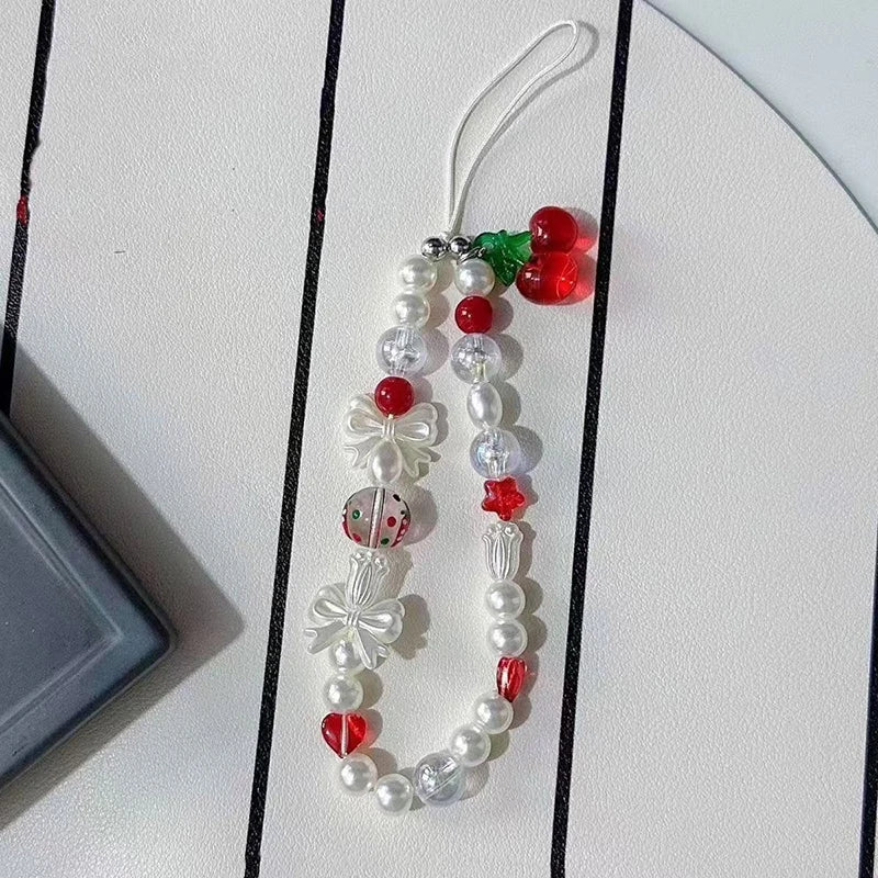 Cute Cherry Bow Pearl Beads for Girls, Phone Charm Strap, Lanyard for Keys, Decoration for iPhone, Christmas Gift