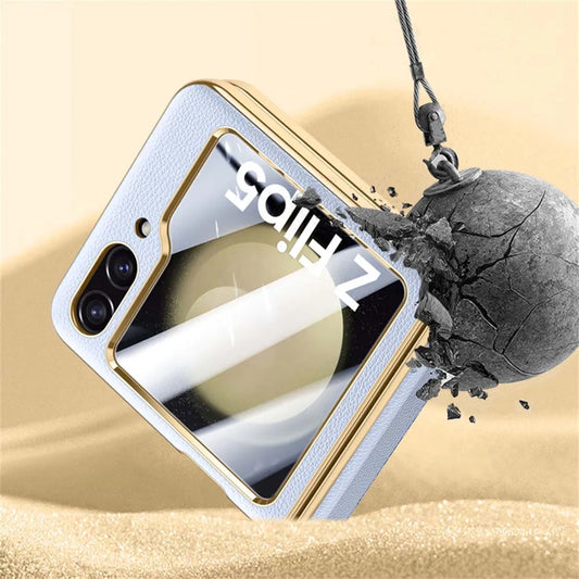For Samsung Galaxy Zflip 5 6 Luxury Plating Pure Leather Hinge Phone Case For Samsung Z Flip5 Flip 6 Lens Protection Back Cover