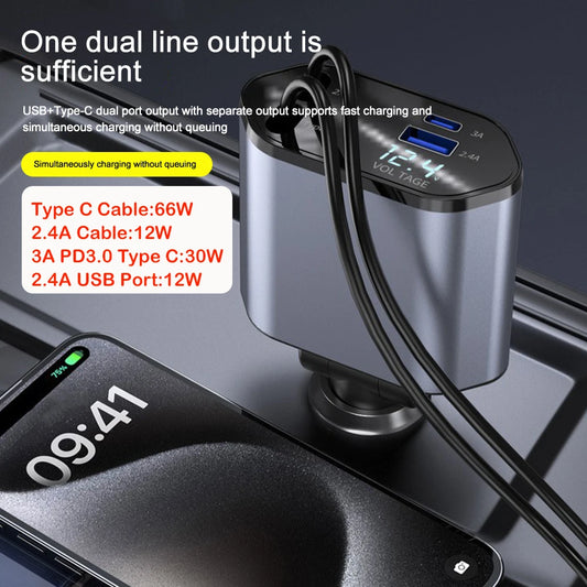 4 IN 1 Car Phone Charger 120W Type C 66W+2.4A Charging Cable with Retractable Cords with Volt Display For IPhone Huawei Samsung