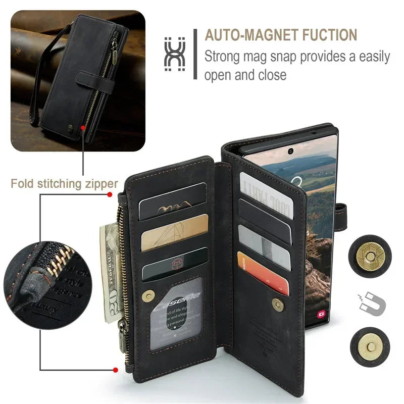 Leather Wallet Card Phone Case For Samsung Galaxy S25 Edge S24 FE S23 Ultra S22 Plus S21 S20 Note20 A56 A54 Zip Flip Stand Cover