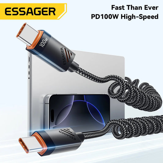 Essager Car Spring Type C Cable For iPhone 16 15 Xiaomi Samsung 100W PD Fast Charging For Macbook iPad Type C to Type C Cable