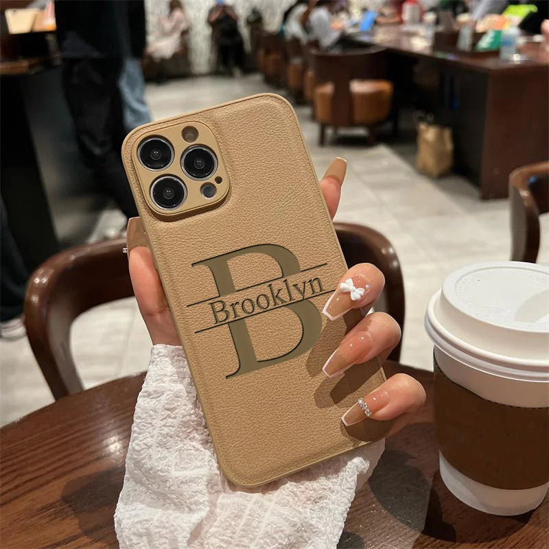 Personalized Customized Initials Name Case For iPhone 16 15 14 13 12 11 Pro Max Plus Big Letter Laser Engraving Leather Cover