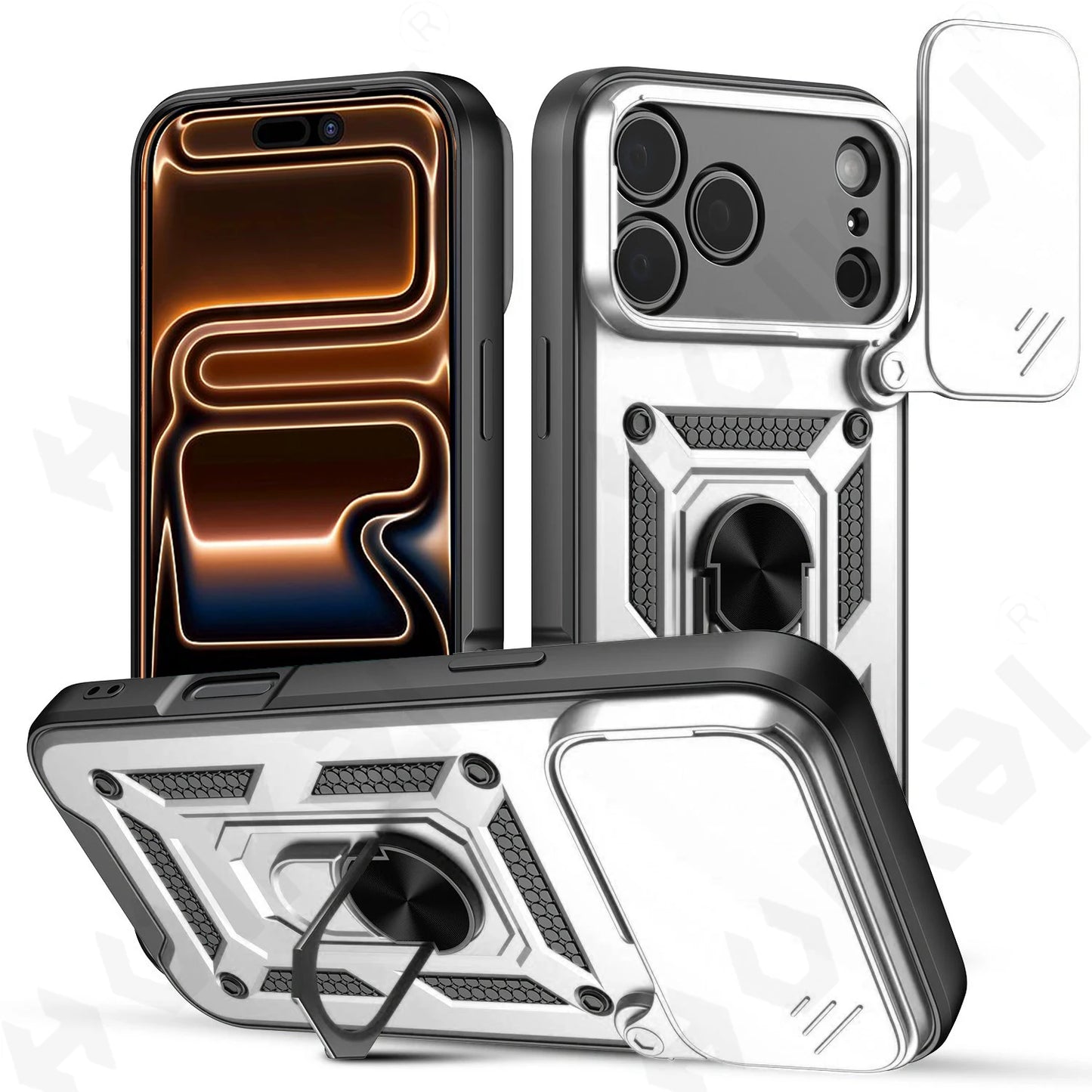 Shockproof Case For iPhone 17 16 15 14 13 12 11 Pro XS Max Plus Camera Lens Cover Phone Case with Ring Stand Armor rotate Cover