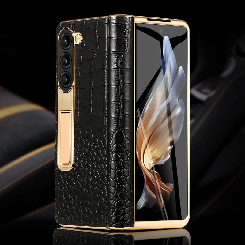 LANGSIDI Leather Case for Samsung Galaxy Z Fold 6 5 4 3 Fold6 Fold5 Gold Plating Magnetic Hinge Stand Cover with Mirror Film