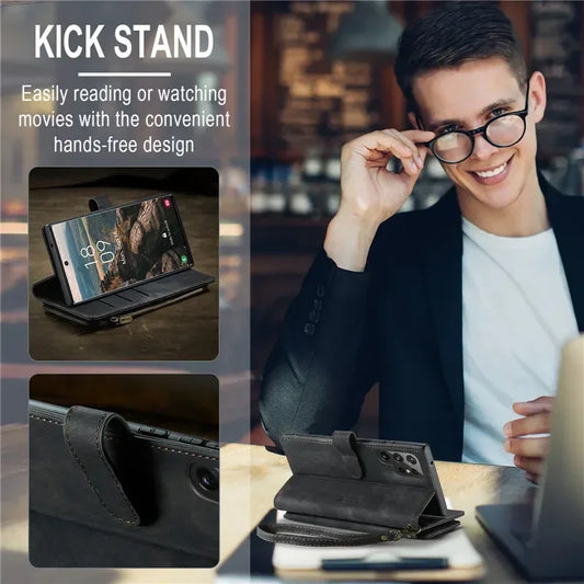 Leather Wallet Card Phone Case For Samsung Galaxy S25 Edge S24 FE S23 Ultra S22 Plus S21 S20 Note20 A56 A54 Zip Flip Stand Cover