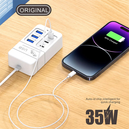 35W Multiport USB Charger PD Type C Fast Charging EU US Plug Wall Charger USB Hub Adapter 6 Ports USB Quick Mobile Phone Charger