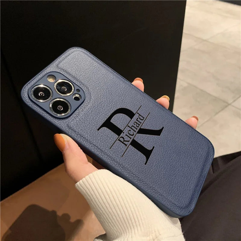 Personalized Customized Initials Name Case For iPhone 16 15 14 13 12 11 Pro Max Plus Big Letter Laser Engraving Leather Cover