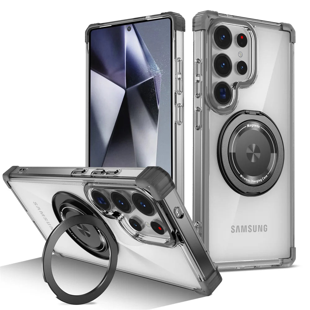 Rotating Magnetic Folding Stand Transparent Phone Case for Samsung S25 Edge S24 S23 Plus FE S21 Ultra Armor Shockproof Cover