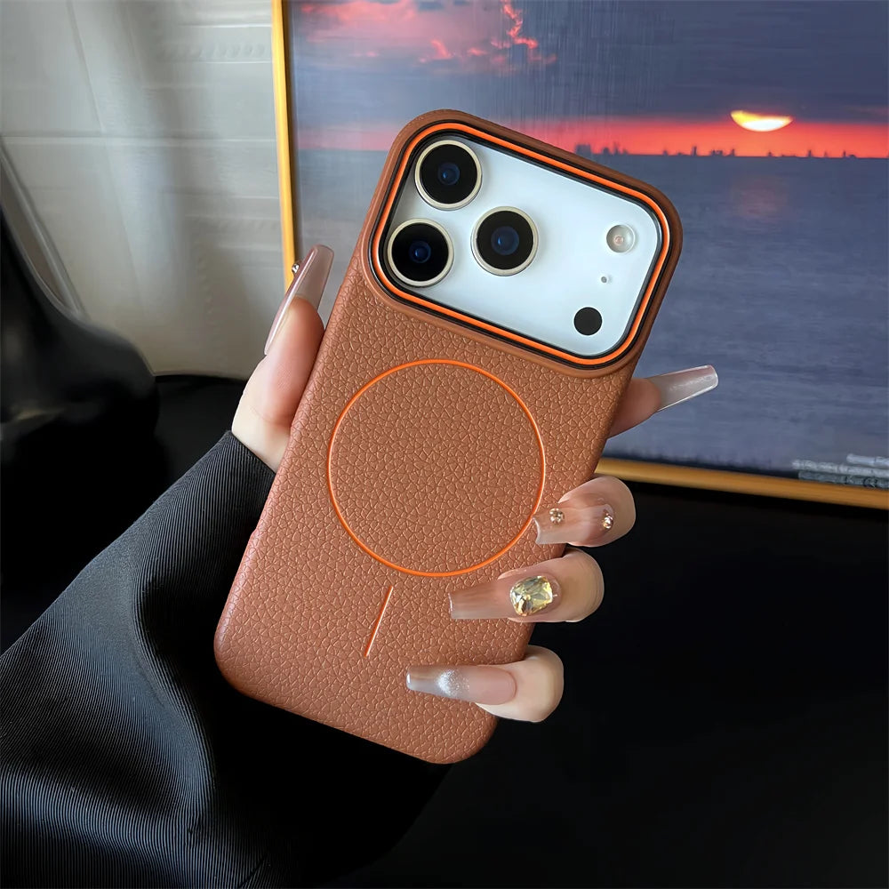 Frosted Hit Color Lichee Pattern Magnetic Phone Case For iPhone 17 Air 16 15 14 13 12 11 Pro Max Plus For Magsafe TPU Soft Cover