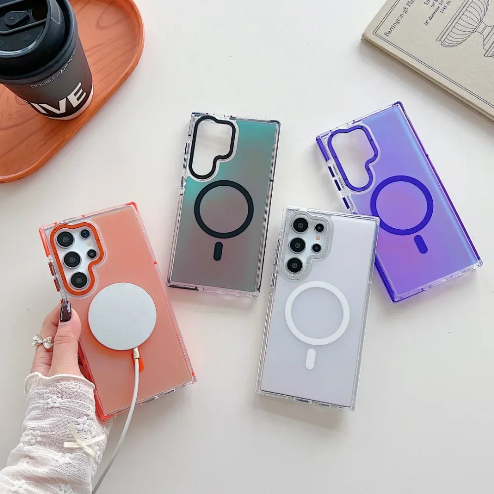 Metal Lens MagSafe Phone Case For Samsung Galaxy S25 S24 Ultra S23 Plus S22 S21 A53 A54 A55 Wireless Charging Discolour Cover
