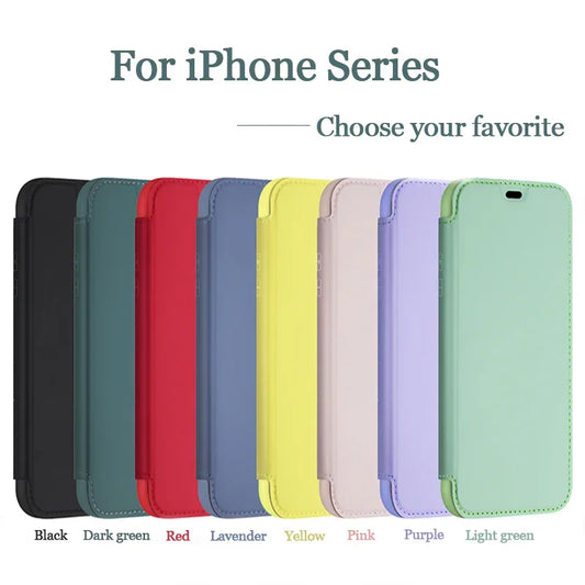 Flip Leather Liquid Silicone Case For iphone 16 Pro Max 14 12 13 11 15 X XR XS Plus SE2022 Lens Protection Cards Solt Book Cover