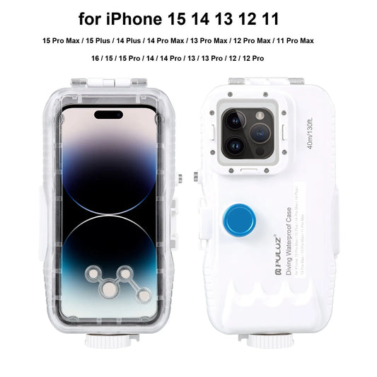 PULUZ 40m/130ft Waterproof Diving Case for iPhone 16 15 14 13 12 11 Pro Max Plus Photo Video Taking Underwater Housing Cover