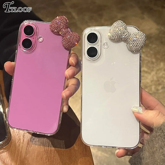 Luxury Rhinestone Bow Litchi Pattern Transparent Phone Case For iPhone 16 15 14 13 12 11 Pro Max 16E X XS XR Plus Soft Case