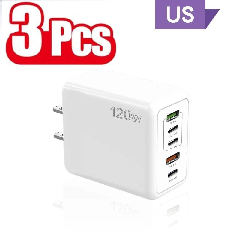 120W Multi Ports USB Charger Fast Charging Type C Mobile Phone Charger For iPhone 15 Huawei Samsung Xiaomi Quick Charge Adapter