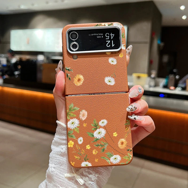 For Samsung Galaxy Z Flip 7 5 4 3 6 5G Small Flowers Folding Phone Case Leather Texture TPU Soft Cover For Samsung Z Flip3 Flip4