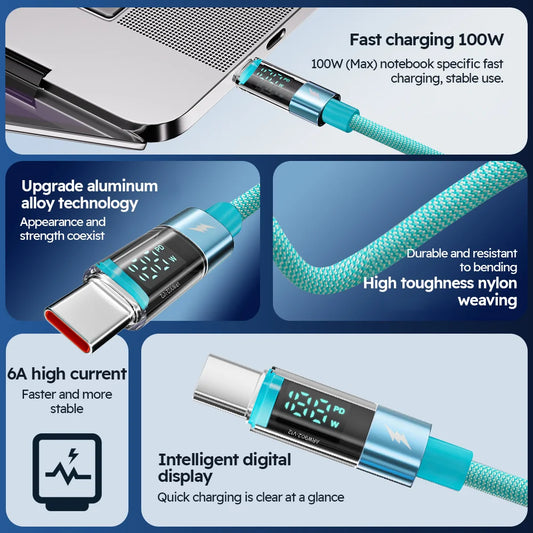Type C To Type C 5A 100W Fast Charging Cable LED Digital Display Charge Data Cord for Samsung IPhone 16 15 14 Pro Max MacBook