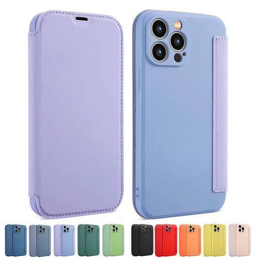 Flip Leather Liquid Silicone Case For iphone 16 Pro Max 14 12 13 11 15 X XR XS Plus SE2022 Lens Protection Cards Solt Book Cover