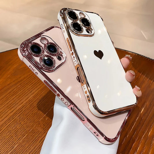 Plating Heart Laser Aurora Matte Case For iPhone 17 11 12 13 14 15 16 Pro Max Plus Camera Protection Silicone Shockproof Cover