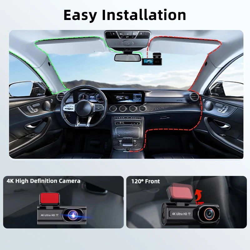 Ultra HD Dash Cam 4K Loop Recording 24H Parking Monitoring Optional 1080P Night Vision Rear Camera Supports WiFi APP Control