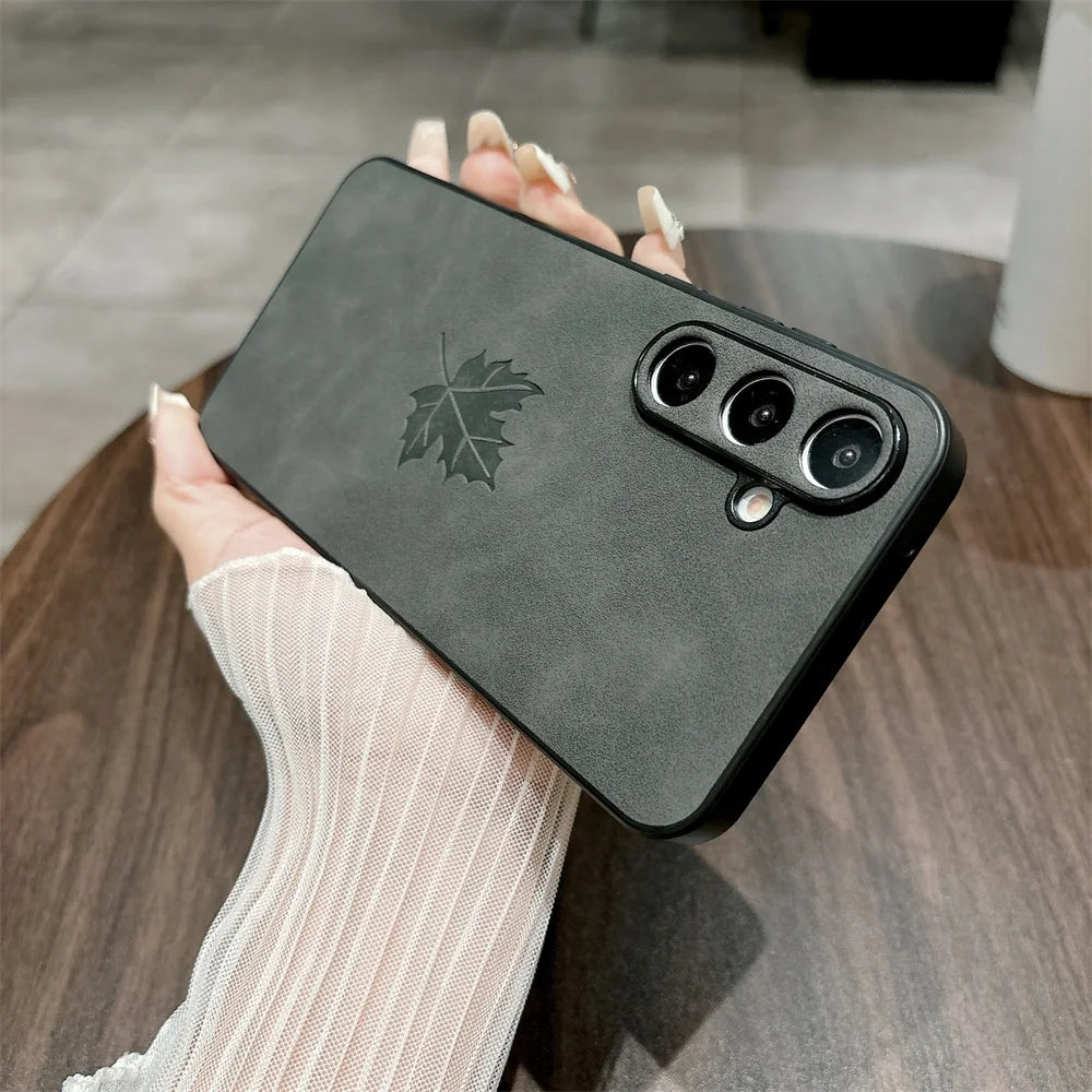 Luxury Lambskin Leather Maple Leaves Case for Samsung S25 S24 S23 S22 S21 Plus Ultra FE A55 A54 A53 A35 A34 A25 A24 A23 A15 A14