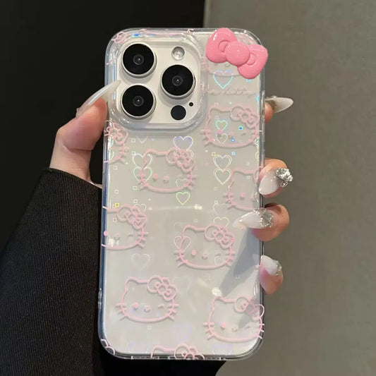 Lovely Hello Kitty Bow Kawaii Holder Phone Case For iPhone 16 15 14 12 13 11 Pro Max XR XS MAX 7 8 PLUS MINI Y2K Bow Laser Cover