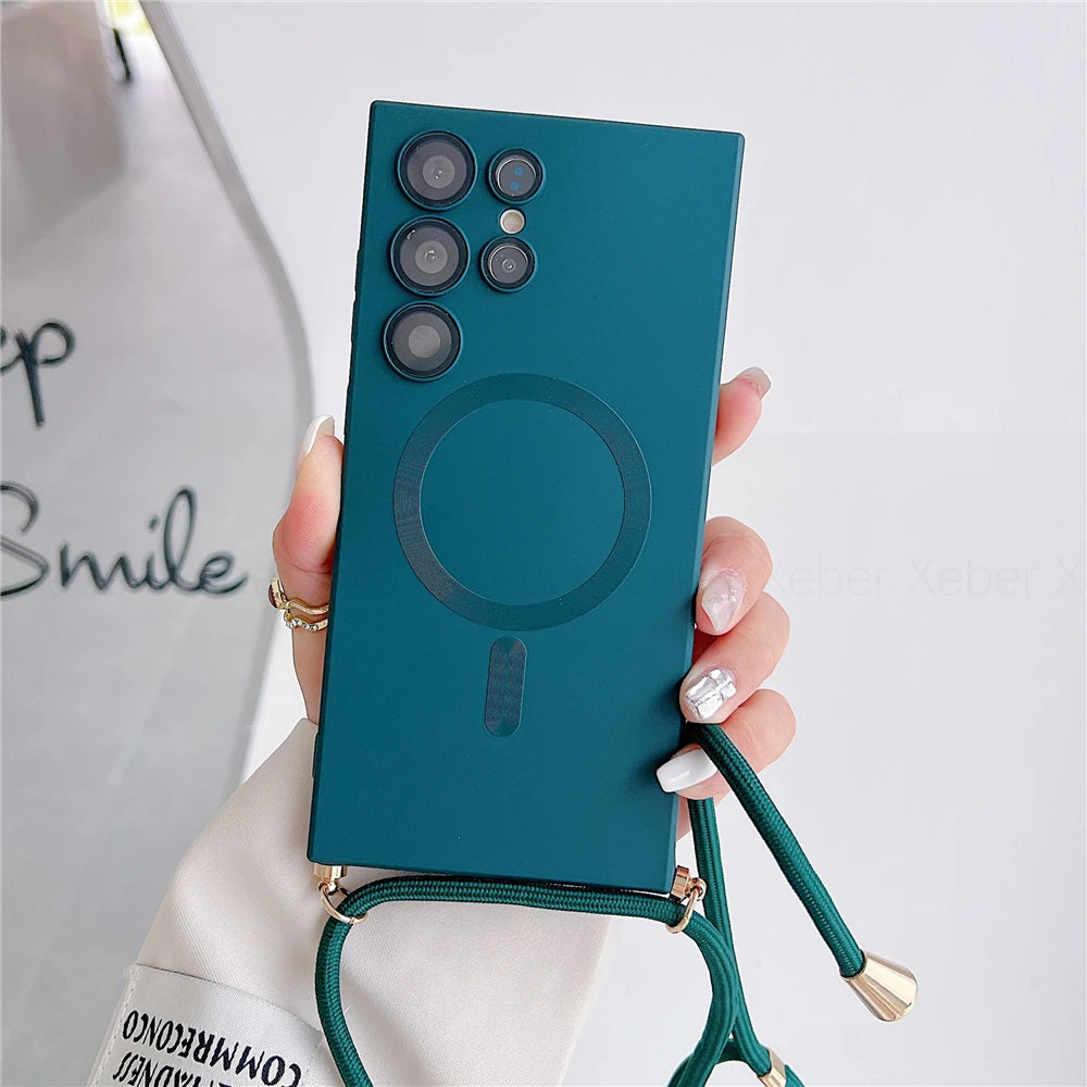Lanyard Crossbody Necklace Magnetic Charge Case For Samsung S25 S24 S23 Ultra S22 S21 Plus S20FE Note 20 Matte Cover For Magsafe