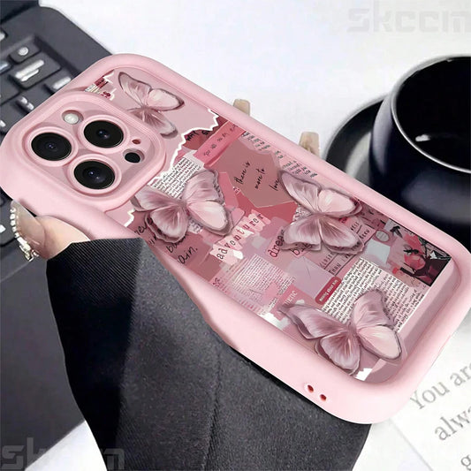 Pink Cute Butterfly Silicone Soft Phone Case For iPhone 16 16E 15 14 13 12 11 Pro Max XS XR X 7 8 Plus Shockproof Candy Cover