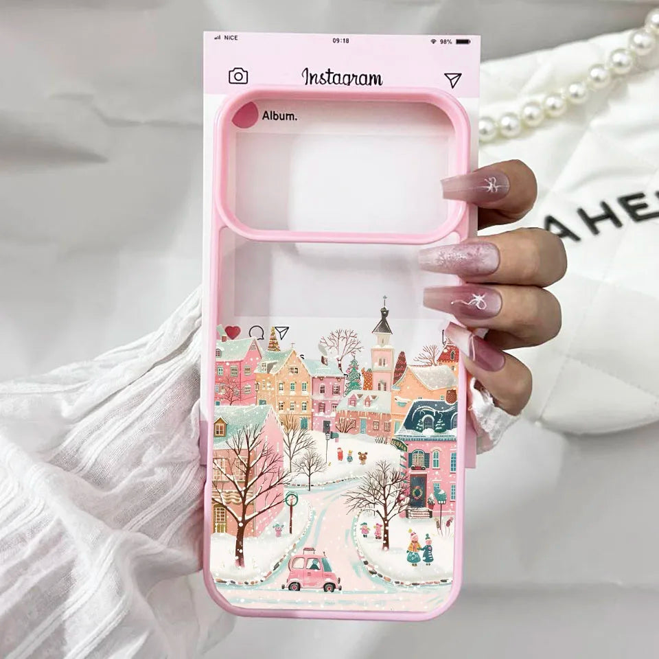 City Winter Village Christmas Phone Case For iPhone 17 Pro Max 16 17Air 15 14 Plus 13 12 11 17 8 7Plus Cute Pink Hard Cover Bag