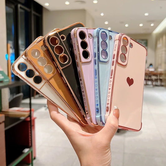 Luxury Plating Case For Samsung Galaxy S24 S22 S23 S25 Ultra S23 FE A16 A53 A55 A54 A35 A15 Love Heart Side Pattern Phone Cover