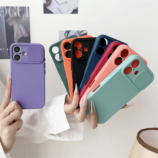 Slide Camera Lens Protection Soft Silicone Case For iPhone 16 15 14 Plus 13 12 11 Pro X XS XR Max 8 7 SE Shockproof Bumper Cover