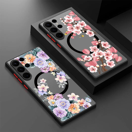 For Samsung Galaxy A14 A15 A55 A54 A56 A34 A25 S25 S24 S23 S22 Ultra Plus S21 FE Flowers Case Magnetic For Magsafe Matte Cover