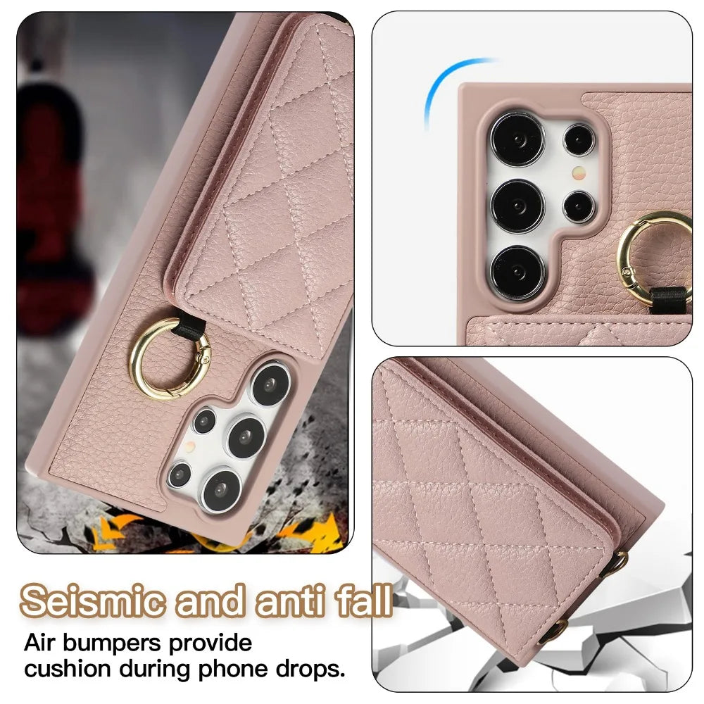 Crossbody Leather Phone Case for Samsung Galaxy S25 Ultra S24 FE S23 S22 Plus Mirror Wallet with Card Holder Protective Cover