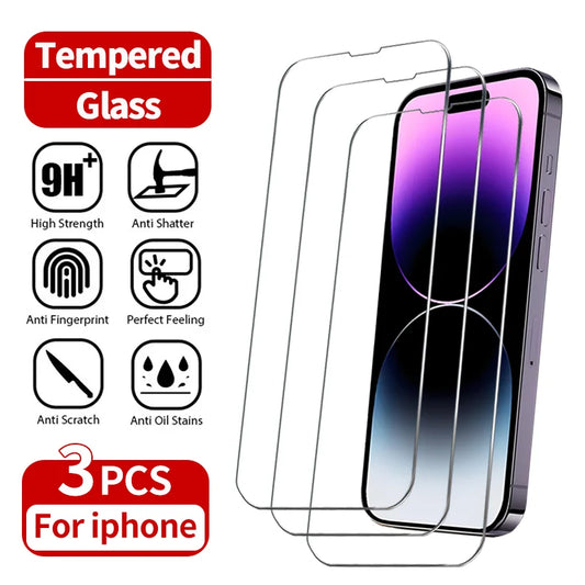 3Pcs Tempered Glass For iPhone 15 14 13 12 11 Pro Max Mini X XS Max XR 8 7 6 Plus Screen Protectors Film For iPhone SE 2020 2022