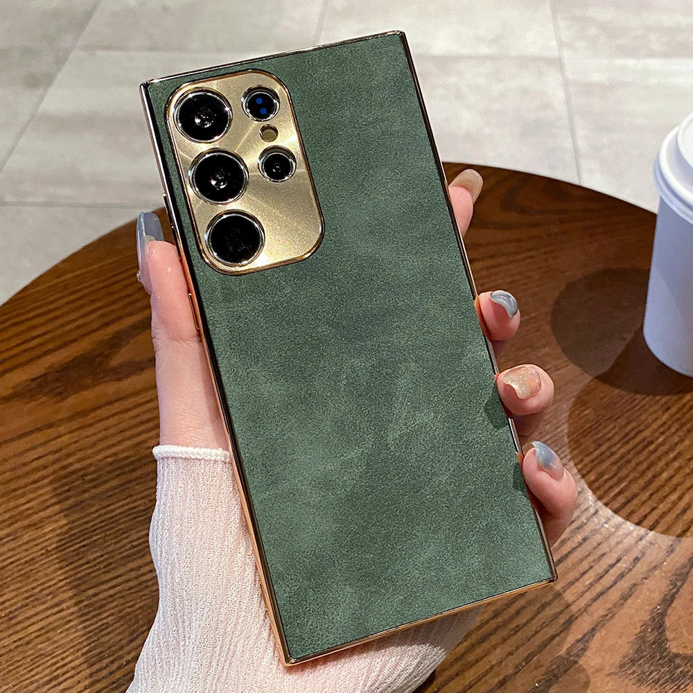 Luxury Plating Matte Suede Leather Case For Samsung Galaxy S25 S24 Ultra S23 S22 Plus Camera Protection Shockproof Bumper Cover