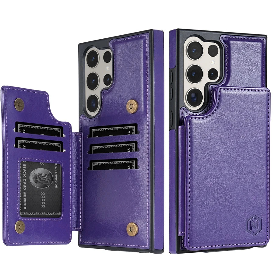 Wallet Magnetic Double Buckle RFID Blocking Card Slot Leather Case For Samsung Galaxy S25 Ultra S24 FE S23 Plus S22 S21 S20 FE