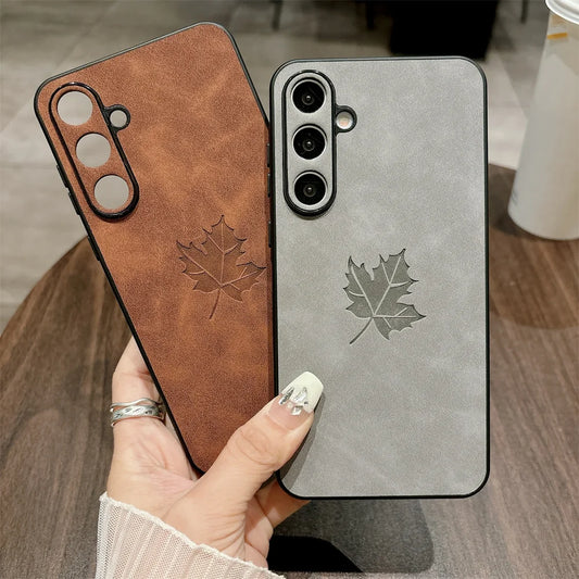 Luxury Lambskin Leather Maple Leaves Case for Samsung S25 S24 S23 S22 S21 Plus Ultra FE A55 A54 A53 A35 A34 A25 A24 A23 A15 A14
