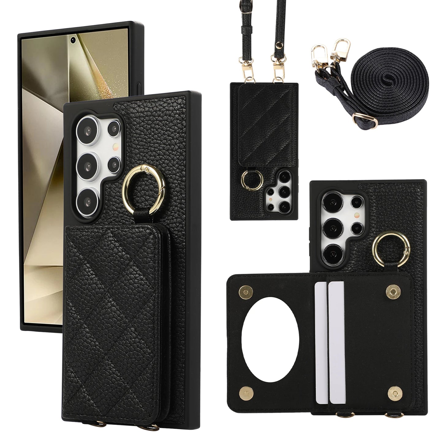 Crossbody Leather Phone Case for Samsung Galaxy S25 Ultra S24 FE S23 S22 Plus Mirror Wallet with Card Holder Protective Cover