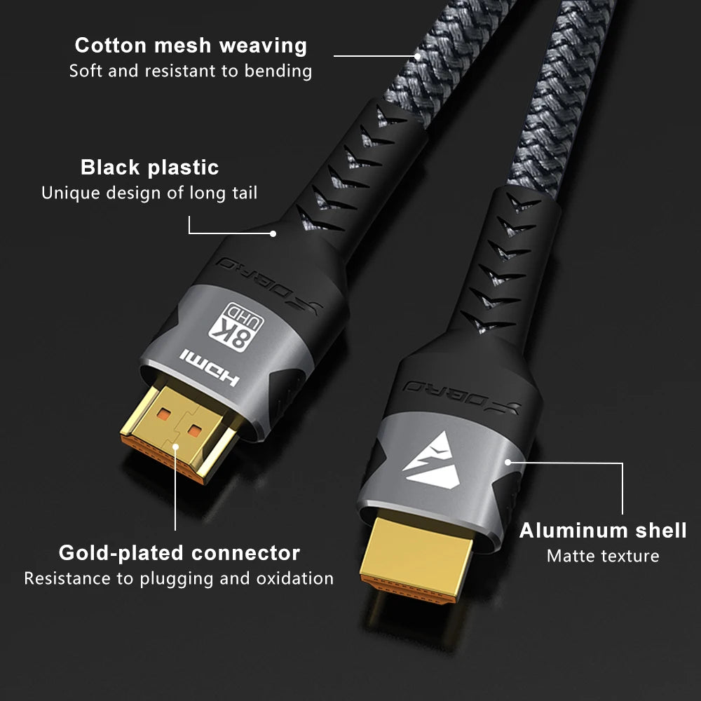 8K HDMI Cable 2.1 48Gbps High Speed HDMI Braided Cord-4K@120Hz 8K@60Hz, DTS:X, HDCP 2.2 & 2.3, HDR 10 for Compatible Laptop/PS5