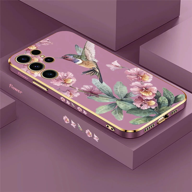 Phone Case For Samsung Galaxy S24 S21 FE S 25 Ultra S25 Plus 5G S23 FE S 24 S22 Plus Flower Bird Plating Protective Cover