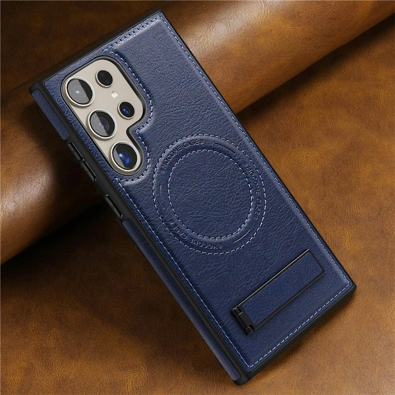 Luxury Leather Magnetic Fold Stand Holder Case For Samsung S25 S24 Ultra S23 Plus S22 Wireless Charging Shockproof Soft Cover