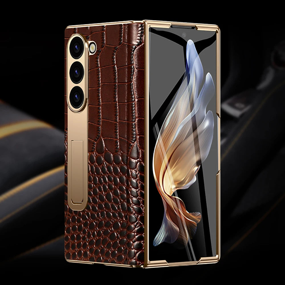 LANGSIDI Leather Case for Samsung Galaxy Z Fold 6 5 4 3 Fold6 Fold5 Gold Plating Magnetic Hinge Stand Cover with Mirror Film