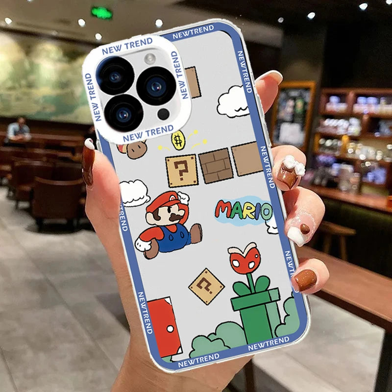 Cartoon Super Mario Bros Case For Iphone 16 15 11 14 13 12 Pro Max Mini 7 8 Plus 8X XS Cover Silicone Transparent