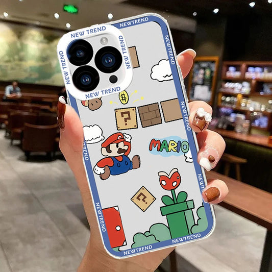 Cartoon Super Mario Bros Case For Iphone 16 15 11 14 13 12 Pro Max Mini 7 8 Plus 8X XS Cover Silicone Transparent