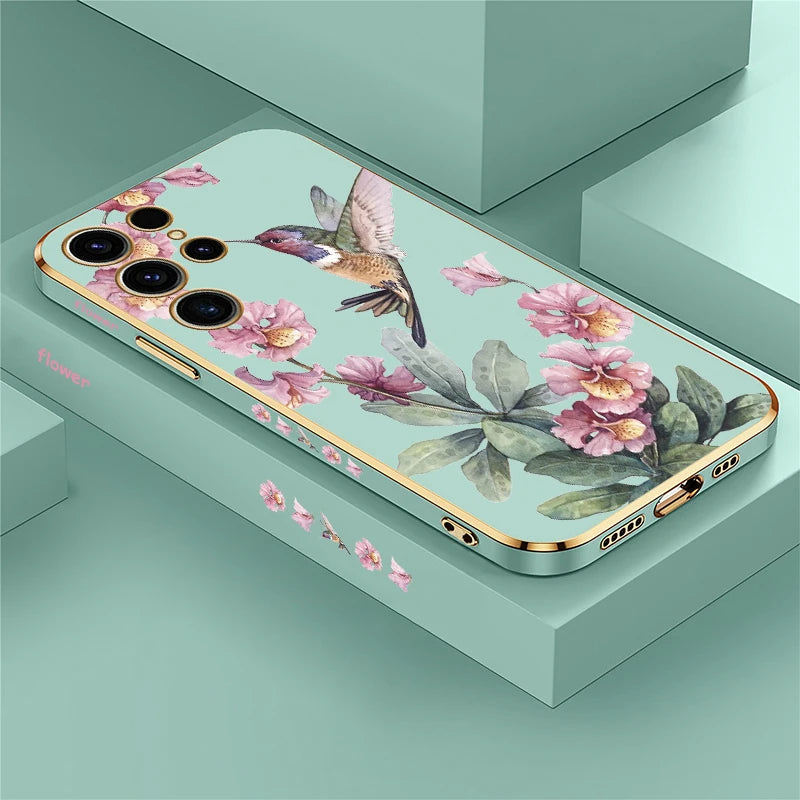 Phone Case For Samsung Galaxy S24 S21 FE S 25 Ultra S25 Plus 5G S23 FE S 24 S22 Plus Flower Bird Plating Protective Cover