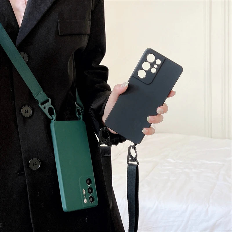 Crossbody Lanyard Necklace Case For Samsung Galaxy A32 A22 A12 A52 S21 S20 FE S22 S23 Ultra Plus Soft Silicone Cord Strap Cover