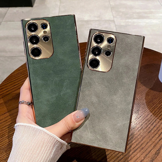 Luxury Plating Matte Suede Leather Case For Samsung Galaxy S25 S24 Ultra S23 S22 Plus Camera Protection Shockproof Bumper Cover