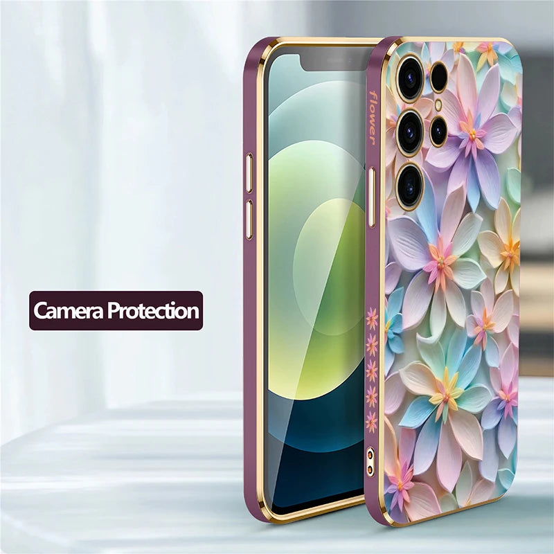 S25 Ultra Soft Silicone Case For Samsung Galaxy S22 S21 S25 Plus S24 FE S24 Plus Shockproof Flower Pattern Plating Cover